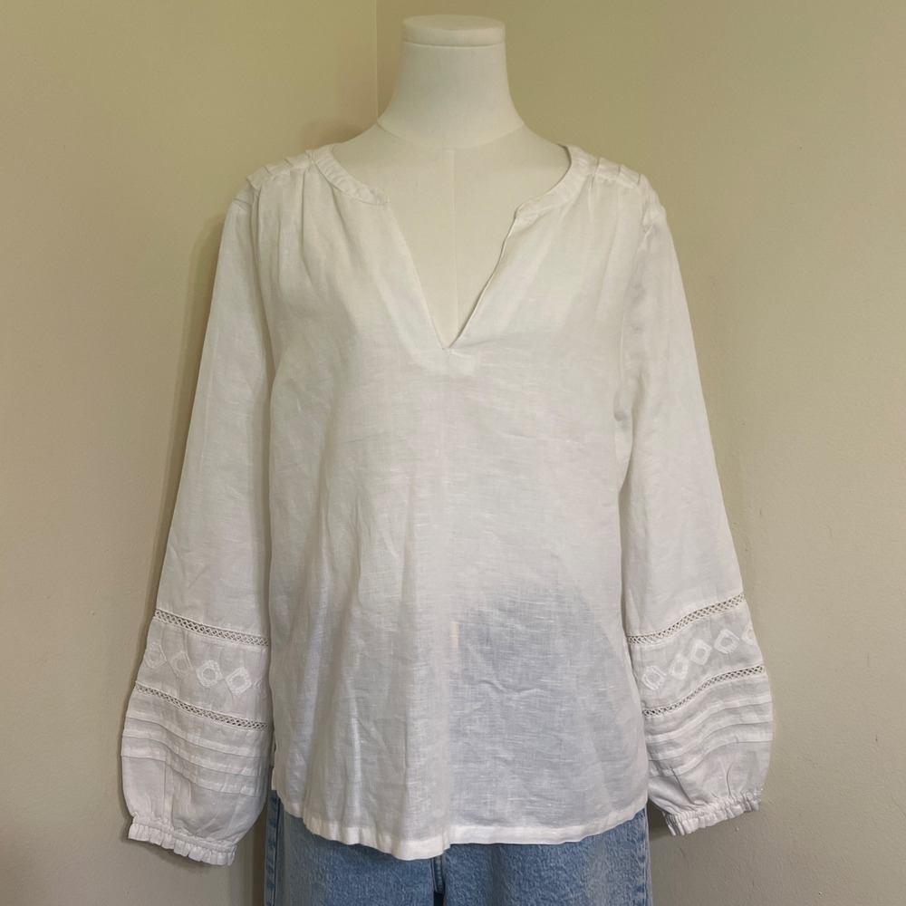Rachel Zoe White Linen Blend Eyelet Embroidered Peasant Blouse Top Large Boho